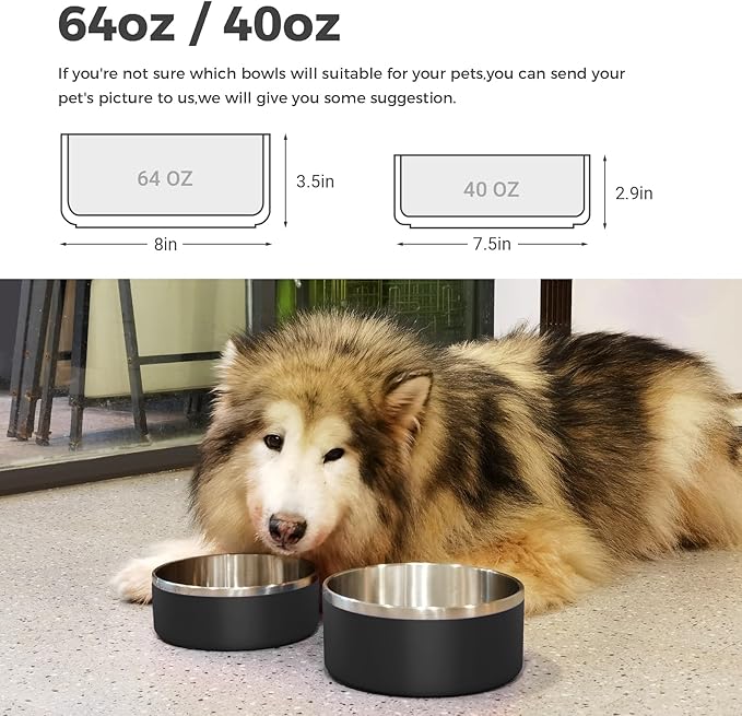 LIHONG Stainless Steel Dog Bowls for Large Dogs,Dog Food Water Bowls with Non Slip Rubber Bottom,Pet Feeding Bowl,Double Wall Insulated,Rustproof(64oz,Black)