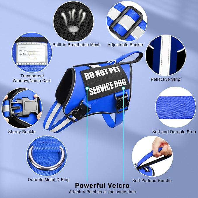 Service Dog Vest Harness+ID Tag+10 Patches,Metal Serivce Dog Tag&Reflective Emotional Support Dog Vest with Handle for Large Dogs,Easy Put On/Off for Training/Walking/Everyday Blue L