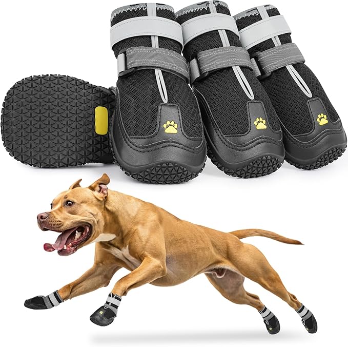 LUCKYPAW Dog Shoes for Large Medium Dogs, Breathable Dog Boots for Hot Pavement, Paw Protectors for Summer Walking Hiking Winter Snow Outdoor, Non Slip Reflective Booties for Hardwood Floor (Black, 7)