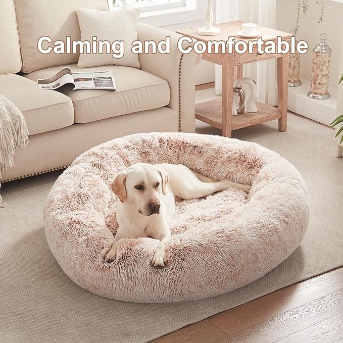 45 inches Donut Dog Bed for Extra Large Dogs,Calming Fluffy Round Jumbo Pet Bed with Removable & Washable Cover, Fits up to 150 lbs Pets (Brown,XL)