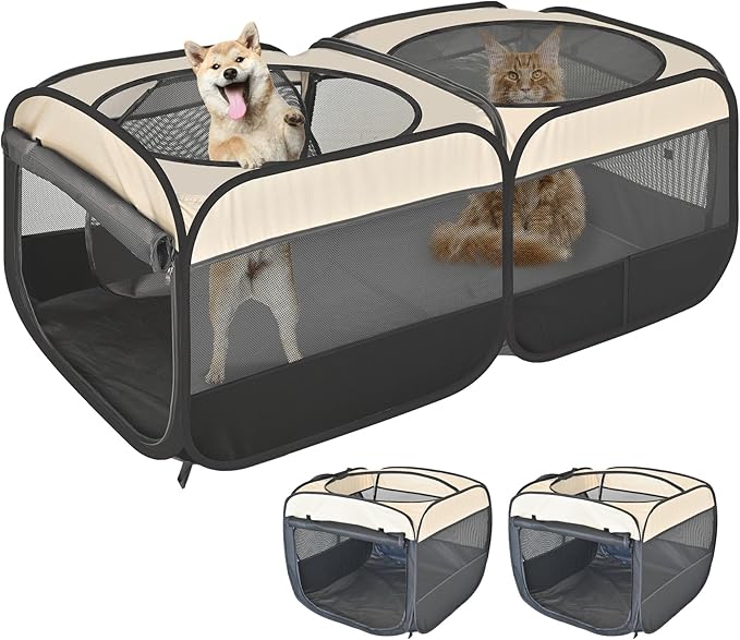 2-in-1 Pop Up Cat Playpen, Detachable into 2 Separate Pens with Additional Doors, Assembly-Free Portable Dog Crates Pet Pen Tent Kennel Kitten Puppy Enclosure Cage Indoor Outdoor Foldable Condo(M)
