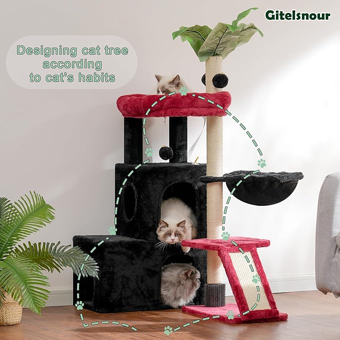 Cat Tree for Indoor Cats Large Adult, Heavy Duty Cat Tower for Big Cats, Cat Tree House with Self Groomer Brush, Big Padded Top Perch, Scratching Post, Hammock, Black and red GCT011MU