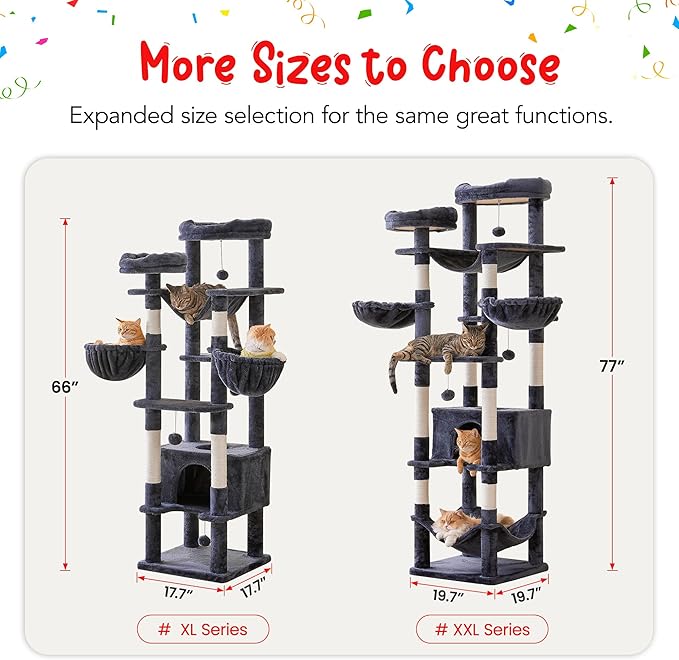 66-Inch Tall Cat Tree for Indoor Cats, Multi-Level Large Cat Tower with 3 Hammocks, 2 Padded Perches, cat Tree Tower with Scratching Post and Hanging Toys for Large Adult,Smoky Grey
