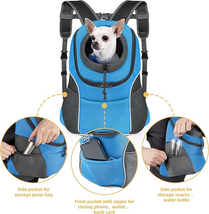 WOYYHO Pet Dog Carrier Backpack Small Dog Front Backpack Ventilated Dog Carrier Back Pack with Storage Pockets, Adjustable Straps & Safety Belt for Travel Hiking Outdoor (Size S: 2-4.5 lbs, Blue)