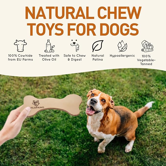 Wildfang® Leather Dog Toy, Small - Leather Bone for Teething Dog, Dental Toys for Puppies, Training for Chewing Muscles, Puppy Chew Bones for Light or Medium Chewers (for Dogs Under 22 lbs), Pack of 1