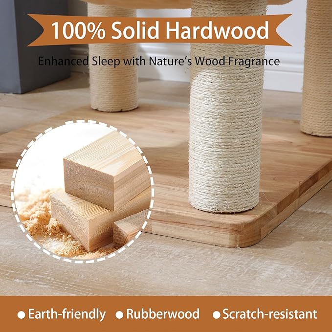 Wooden Cat Tree for Indoor Cats, 62-Inch Tall Cat Tower with Scratching Post for Large Cats, Solid Wood Cat Condo with Handwoven Basket, Modern Cat Tree Tower with Hammock, Easy to Clean