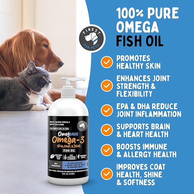 Omegease Fish Oil for Dogs & Cats - Finest for Pets Omega 3 for Cats & Dogs - Supplement for Skin & Coat, Itching, Shedding, Joints & Immune Health - 100% Pure Omega Fish Oil with EPA & DHA (8 oz)