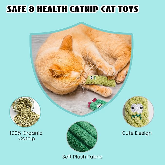 Cat Toys for Indoor Cats, 100% Pure Organic Catnip-Filled Toys Without Cotton, Interactive Cactus Kitten Toy for Anxiety Relief, Soft Cute Teething &Chew Toys, 5 Pack