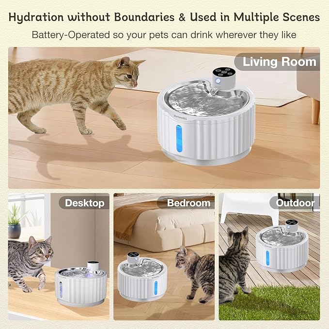 Wireless Cat Water Fountain Cordless, FortuneALL 95oz/2.8L Automatic Pet Water Fountains for Cats Indoor, 4000mAh Battery Operated Cat Drinking Fountain with Motion Sensor, 4 Water Flow Modes,BPA-Free