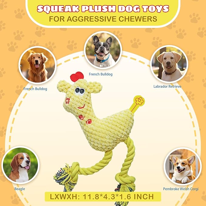 Squeak Plush Dog Toys for Small & Medium Breeds, Chew Resistant Rope to Keep Them Busy for Puppy Teething Chewing, Interactive Indoor/Outdoor Play, Best Pet Gift, Yellow Deer
