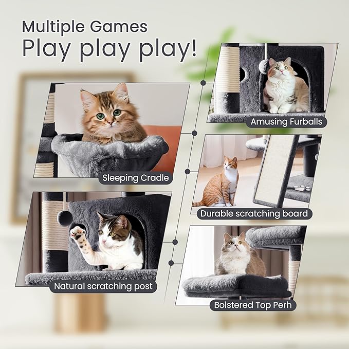SHA CERLIN 68 Inches Multi-Level Large Cat Tree for Large Kitties/Big Cat Tower with Condo/Cozy Plush ‌Pussycat Perches/Sisal Scratching Posts and Hammocks/Activity Center/Dark Grey
