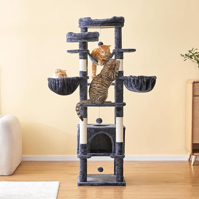 66-Inch Tall Cat Tree for Indoor Cats, Multi-Level Large Cat Tower with 3 Hammocks, 2 Padded Perches, cat Tree Tower with Scratching Post and Hanging Toys for Large Adult,Smoky Grey