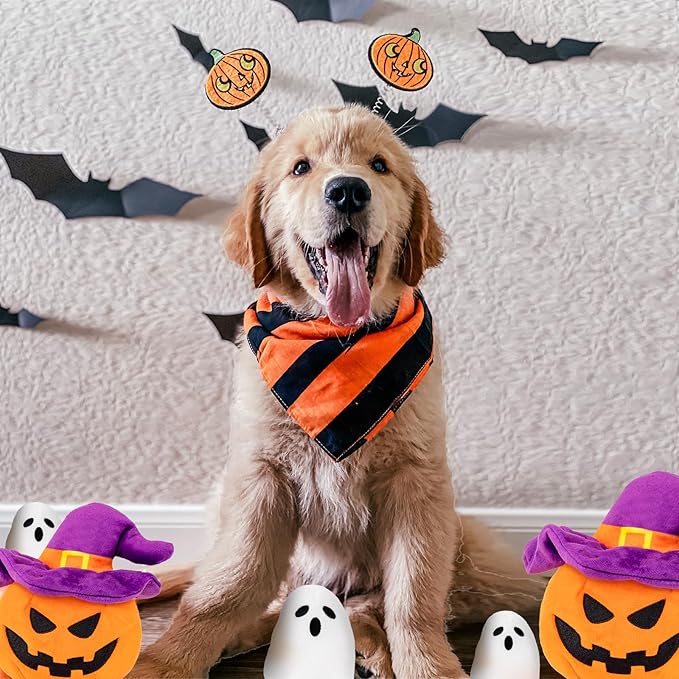 Halloween Dog Toys - Pumpkin & Ghosts Squeaky Plush, Hide & Seek for Small to Large Dogs