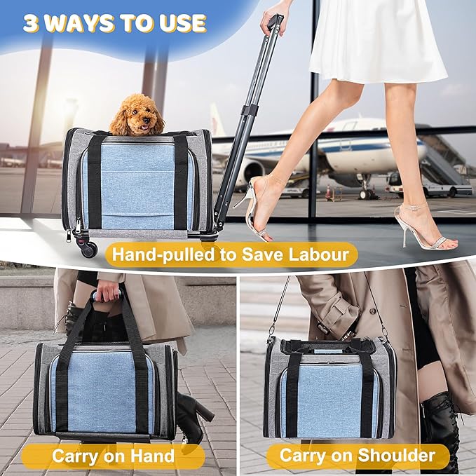 Pet Carrier with Wheels for Cat and Small Dogs: Expandable Airline Approved Rolling Cat Carrier - Cat Carrier Soft for Pets Under 25lbs Travel Plane Trip