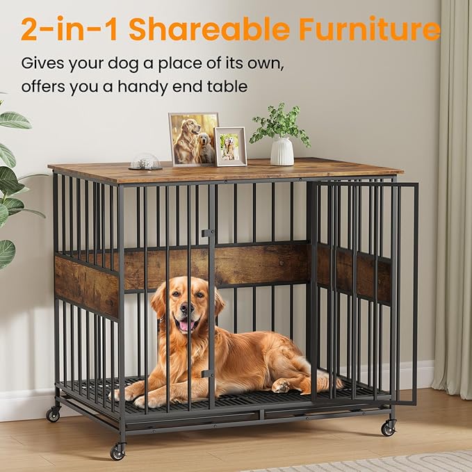 Dog Crate Furniture for Large Dogs, 42 Inch Indoor Large Kennel, Wooden Pet Cage Decorative Corner End Table with Caster Wheels & Double Removable Tray, Rustic Brown