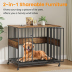 Dog Crate Furniture for Large Dogs, 42 Inch Indoor Large Kennel, Wooden Pet Cage Decorative Corner End Table with Caster Wheels & Double Removable Tray, Rustic Brown