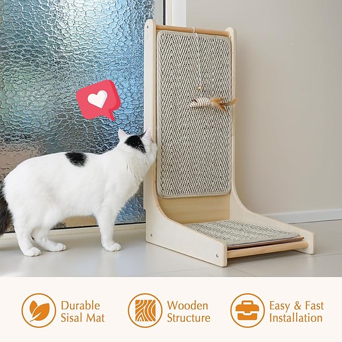 PETKARAY Cat Scratcher, Sisal Cat Scratch Pad, L Shape Scratching Board for Indoor Kitty, Floor Mounted Scratcher with Mouse Toy Catnip