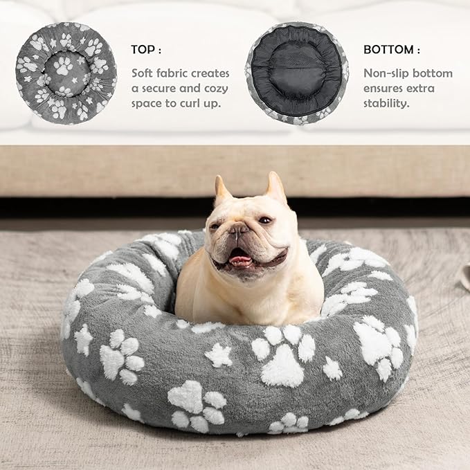 Donut Dog Beds for Small Dogs, Calming Round Cat Beds for Indoor Cats, Cute 3D Textured Paw Pet Bed with Removable Washable Cover and Anti-Slip Bottom（Grey，23"）