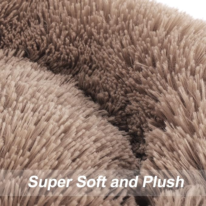 MIXJOY Calming Cat Beds for Indoor Cats, 20'' Kitten Donut Beds for Pet Up to 15lbs, Fluffy Small Cat Cuddler, Anti-Anxiety Plush Faux Fur Large Pet Bed Washable (20'', Brown)
