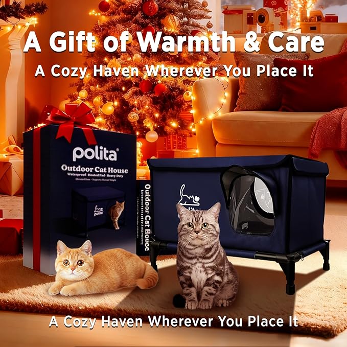 Rugged Heated Cat House for Outdoor Cats in Winter, Extremely Insulated & 100% Weatherproof, Elevated Feral Cat Shelter with Waterproof Eaves & Safe Escape Door for Stray & Barn Cats