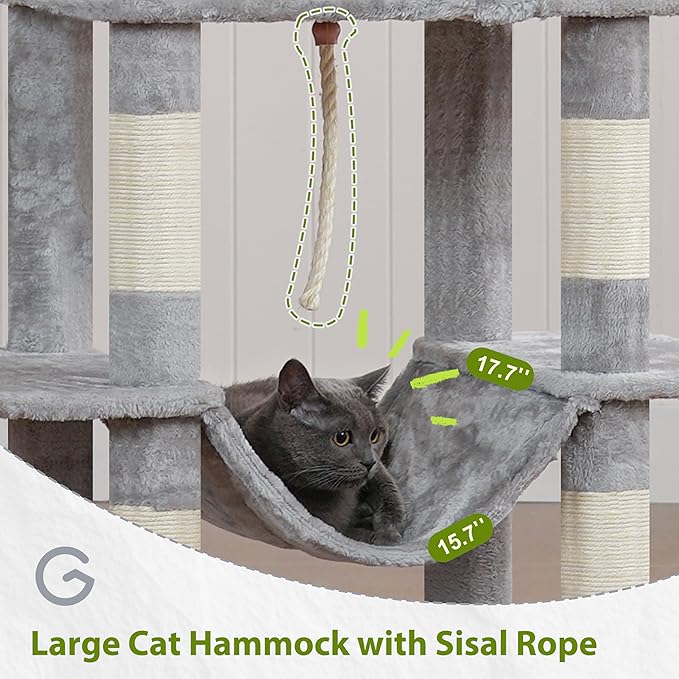 80.7''(205cm) Cat Tree for Indoor Cats, Large Cat Tower for Multi Adult Cats, Cat Tree House with Big Hammock, 2 Top Perches/Cat Condos/Baskets, 8 Scratching Posts, Light Gray GCT034W