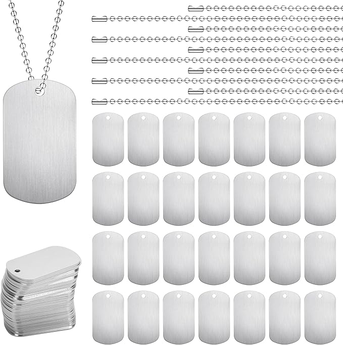 100 Pcs Military Dog Tags Set, 50 Pcs Aluminum Blank Dog Tags and 50 Pcs Iron Necklace Chain, Dog Tags Engraved for Pets, Perfect for DIY Decorative Craft Pet Dog ID Tags, Silver