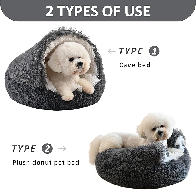 Cat Bed Round Plush Fluffy Hooded Calming Cat Bed Cave,Self Warming pet Bed with Non-collapsed Cover for Indoor Cats or Small Dogs,Washable,Anti-Slip Waterproof Bottom,24",Dark Grey