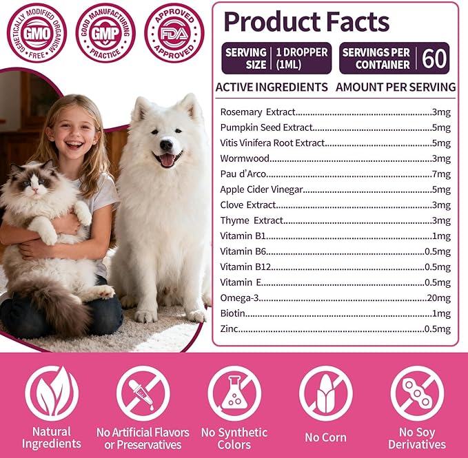Flea & Tick Prevention for Dog and Cat, Natural Oral Flea & Tick Support Drops with Multivitamin Omega-3 for Pets - Supports Healthy Skin & Coat - Flea Herbal Drops All Breeds and Sizes - Bacon