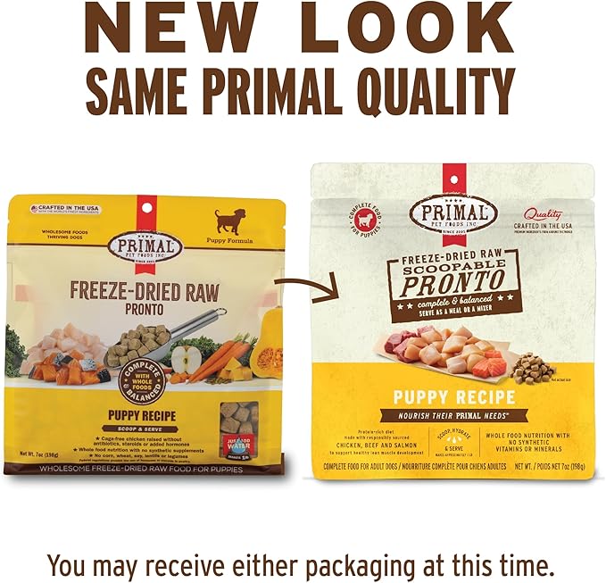 Primal Freeze Dried Puppy Dog Food, Pronto Mini Nuggets; Scoop & Serve, Complete & Balanced Meal; Also Use As Topper or Treat; Premium, Healthy, Grain Free, High Protein Raw Dog Food (7 oz)