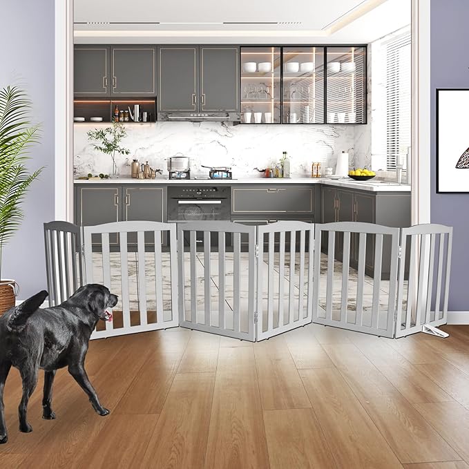 ZJSF Foldable Freestanding Indoor Dog Gate for House Wood Long Pet Gates Dog Fence for Stairs Puppy Gates for Hallways, Puppy Gate,Support Feet Included, Grey, 24 "Height-6 Panels