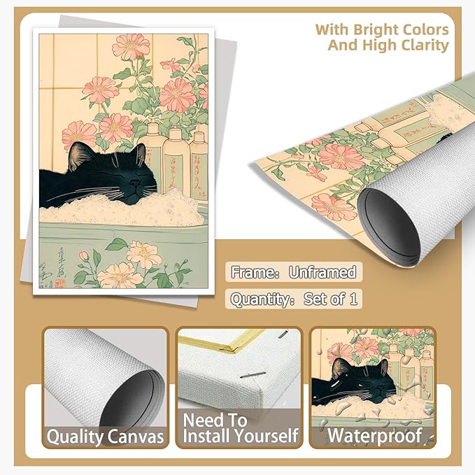 Relaxation Japanese Poster Print Cute Black Cat Wall Art Decor Bathtub Pink Flowers and Green Leaves Picture Canvas Minimalist Japan Artwork for Bathroom Bedroom Toilet Kids Room 16x24inch Unframed