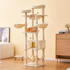 77-Inch Tall Cat Tree, Multi-Level Large Cat Tower with 4 Hammocks, 2 Padded Perches, Cat Condo, Sisal Scratching Posts and Hanging Toys for Adult Cats, Beige