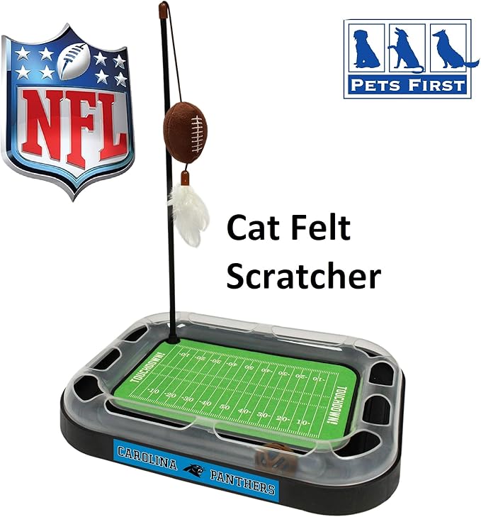 Pets First NFL Carolina Panthers Football Field Cat Scratcher & Plush Football Toy with Catnip & Feather. Interactive Jingle Bell Ball Cat Chasing Toy