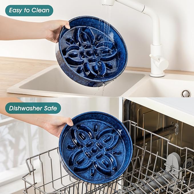 vancasso Ceramic Slow Feeder Dog Bowls, Puzzle Dog Food Bowls with Floral Maze, Anti -Slip Pet Food Dish for Large Breed, 3 Cups, Blue