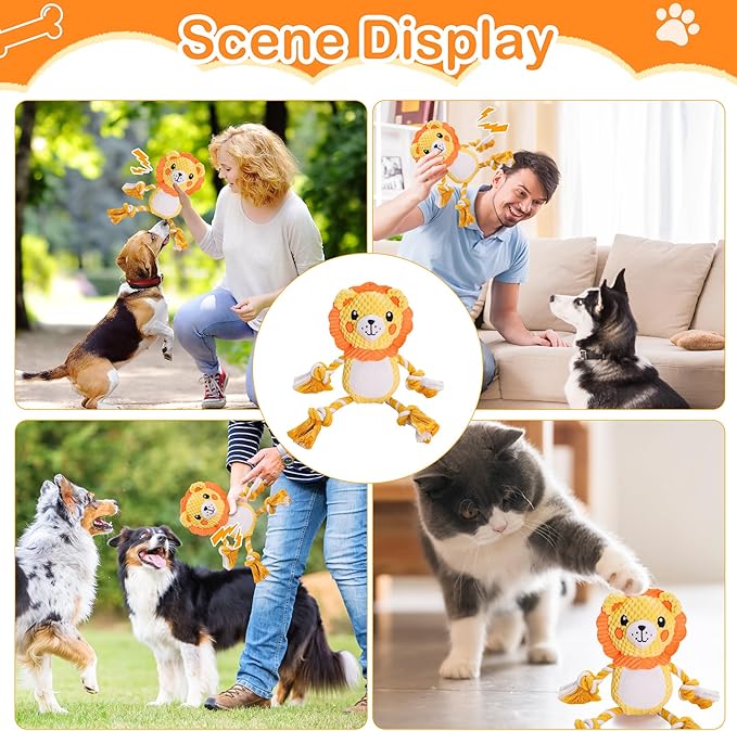 Dog Squeak Plush Toys, Cute, Funny, Durable Fabric Rope Dog Toy for Small, Medium Pets, Indoor and Outdoor, Ideal Pet Gift, Lion