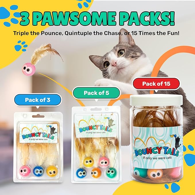 Bouncy Tails 5 Pack Interactive Bouncy Ball with Natural Feathers for Indoor Cats and Kittens who Love to Play and Have Fun.