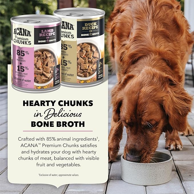 ACANA Premium Chunks in Bone Broth Grain-Free Wet Dog Food Variety Pack: Lamb + Duck Recipes 12.8oz Cans (6 Count, 3 of Each)