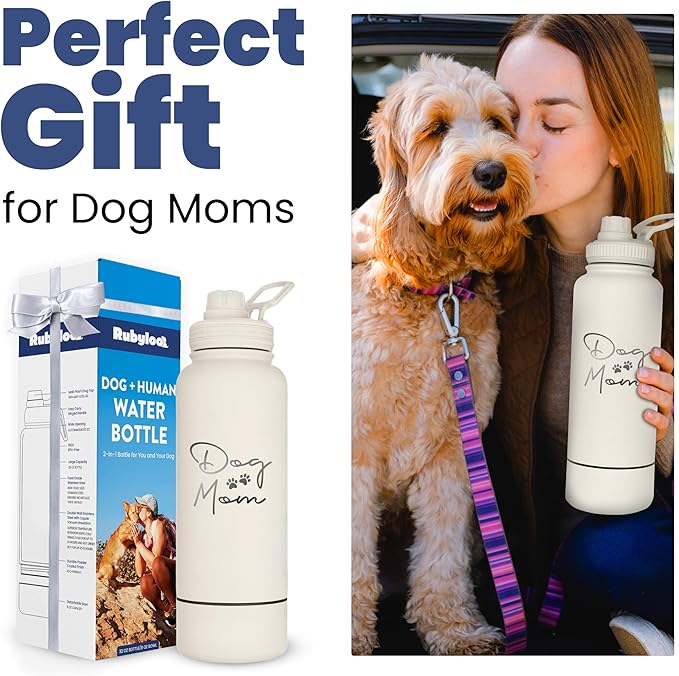 Dog Mom Water Bottle - 32 oz Stainless Steel Double Wall Insulated with 8 oz Detachable Bowl on Bottom - Cool Dog Mom Gifts for Women for Hiking, Walking, Travel and Everyday Adventures - DM Cream