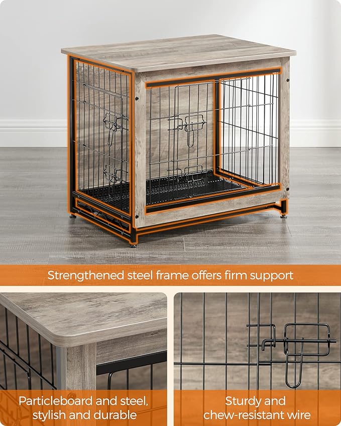 Feandrea Dog Crate Furniture, 27.2" Side End Table, Modern Kennel for Dogs Indoor up to 30 lb, Heavy-Duty Dog Cage with Multi-Purpose Removable Tray, Double-Door Dog House, Greige UPFC001G01