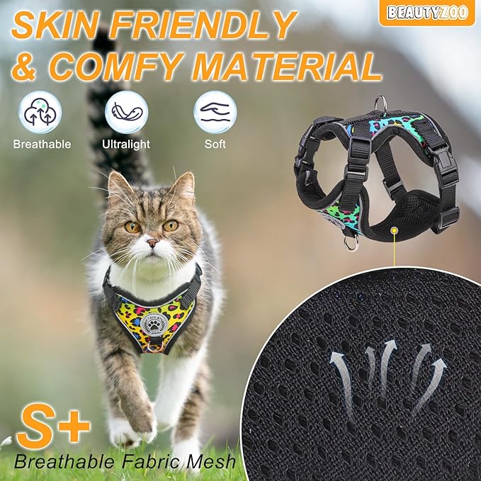 BEAUTYZOO Cat Harness and Leash Escape Proof for Walking[MAX Safety Upgrade]- Neck Release Adjustable Harness for Cats Puppy,Soft Comfortable Lightweight & Reflective Travel Kitten Harness for Outdoor