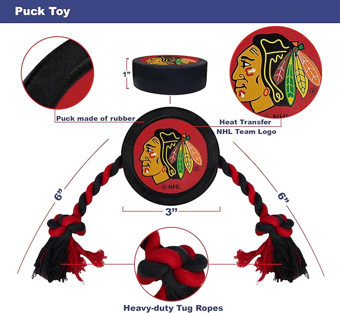 Pets First Rubber Dog Toy - Heavy-Duty Rope Tug with NHL Chicago Blackhawks Puck. Play Hockey with Your Pet!
