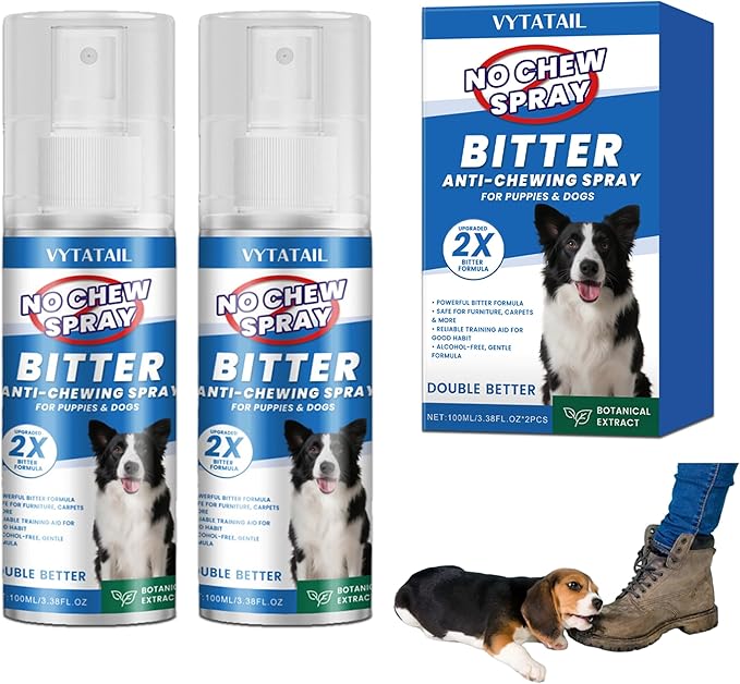No Chew Spray for Dogs, No Chew Deterrent to Stop Chewing Furniture & Licking Hot Spots, Natural & Alcohol-Free, Indoor/Outdoor Use (2 X 3.38 fl oz)
