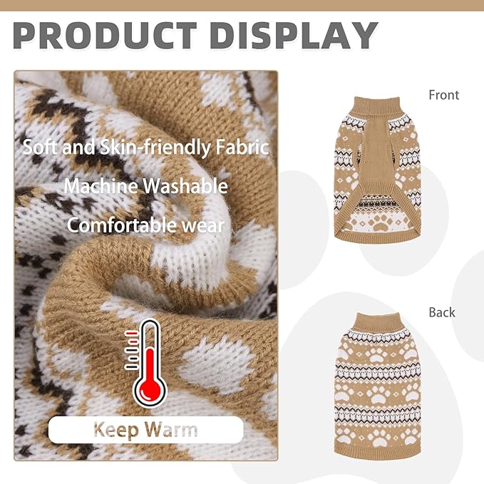 KOOLTAIL Cable Knit Dog Sweater Turtleneck, Cold Weather Pullover Classic Knitwear, Cute Paws Pattern Thick Warm Winter Pet Clothes, Dog Christmas Sweater for Small Medium Large Dogs Cats, Khaki S