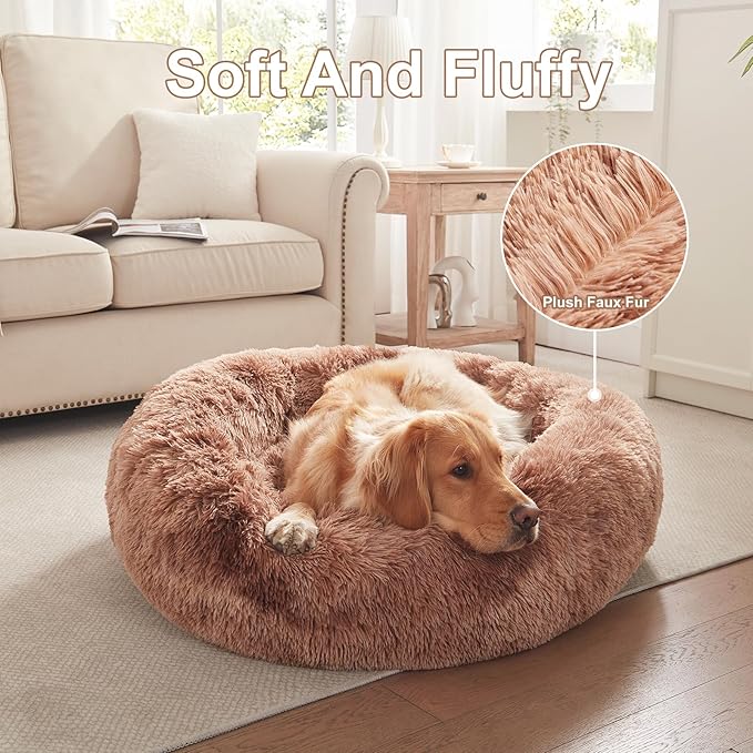 36 inches Donut Dog Bed for Large Dogs - Calming Fluffy Round Pet Bed with Removable & Washable Cover,Fits up to 100 lbs Pets (Tie-dye Brown,Large)