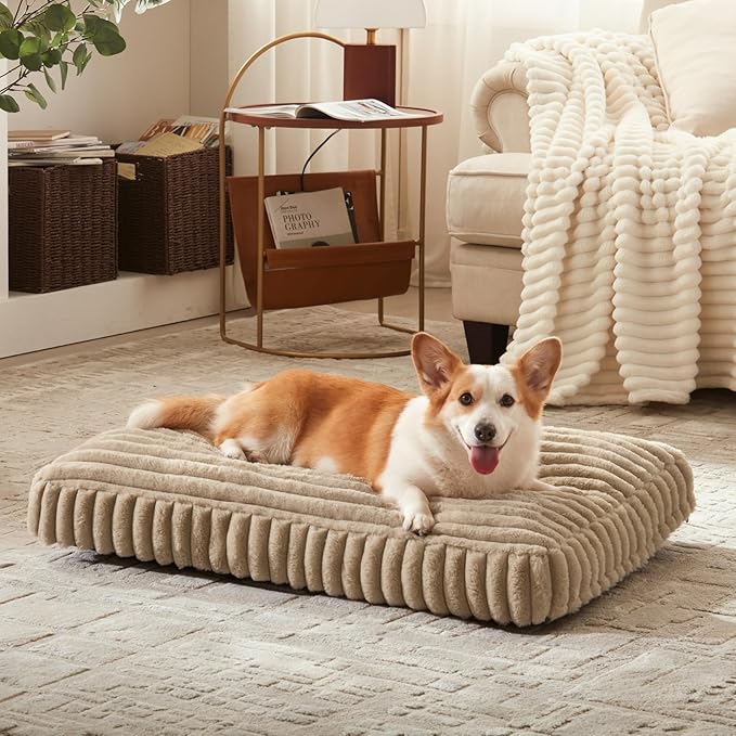 Dog Beds Large Sized Dog, Flat Pet Beds with Removable Washable Cover, Pet Mat Cute Pet Crate Bed Thick Shredded Chopped Crate Foam & Anti Slip Bottom for Indoor, 35"x23"x4" Beige