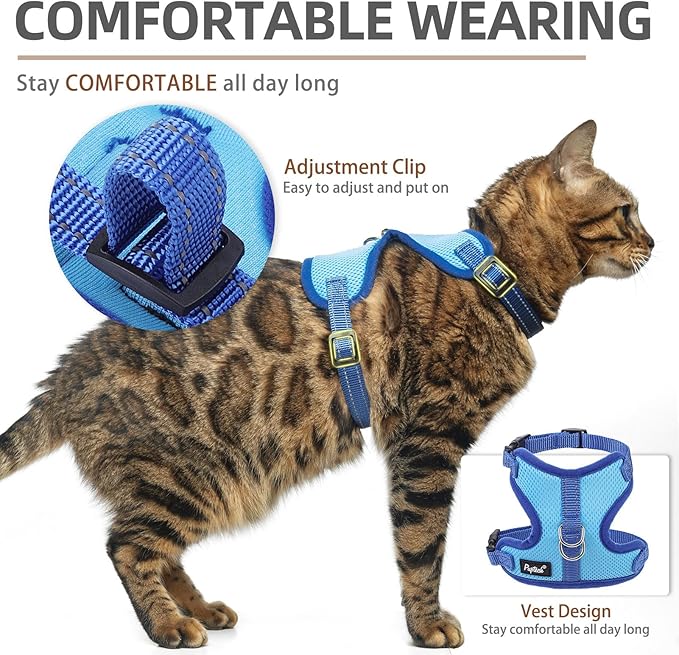 PUPTECK Cat Harness and Leash Set Escape Proof, Reflective Adjustable Soft Mesh Kitten Vest Harness for Walking Travel, Blue, S