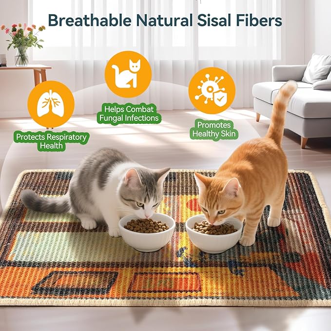 3-in-1 Sisal Cat Scratcher Mat 23.6x15.7 – Durable Scratch Rug for Floor & Wall with Sticker Tape, Protects Couch, Carpet & Furniture, Anti-Slip, Pet-Safe for Indoor/Outdoor Cats, Golden Afterglow