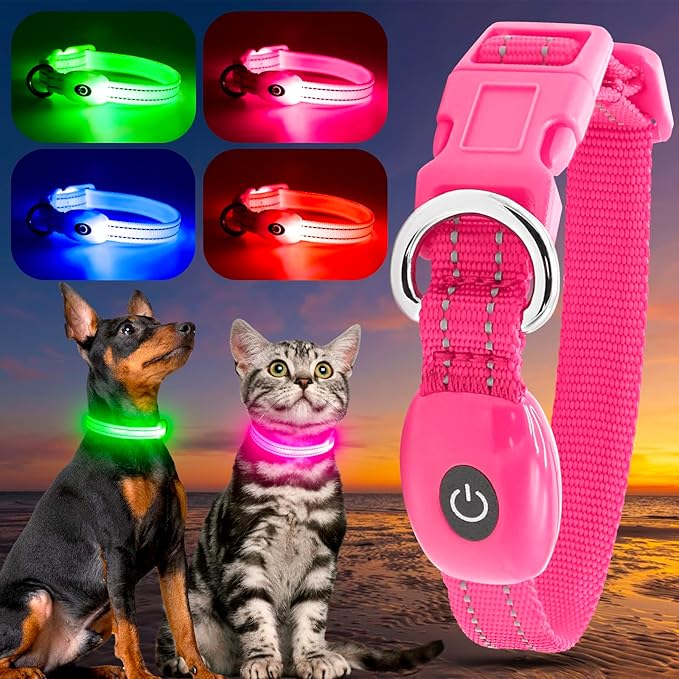 YFbrite Light up Dog Collars for Night Walking, Rechargeable LED Cat Collar, Comfortable Adjustable Lighted Dog Collar Rechargable for Cats, Small, Medium and Large Dogs (Pink, XS)