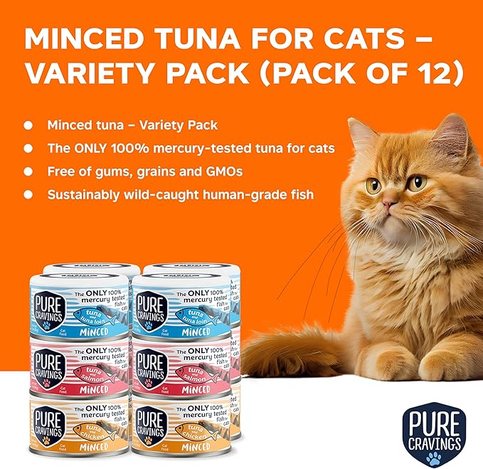 Minced Tuna Wet Canned Cat Food, 100% Mercury-Tested, Moist Can Fish for Cats, Grain-Free, Protein, Non-GMO, Variety Pack, 3oz, Pack of 12