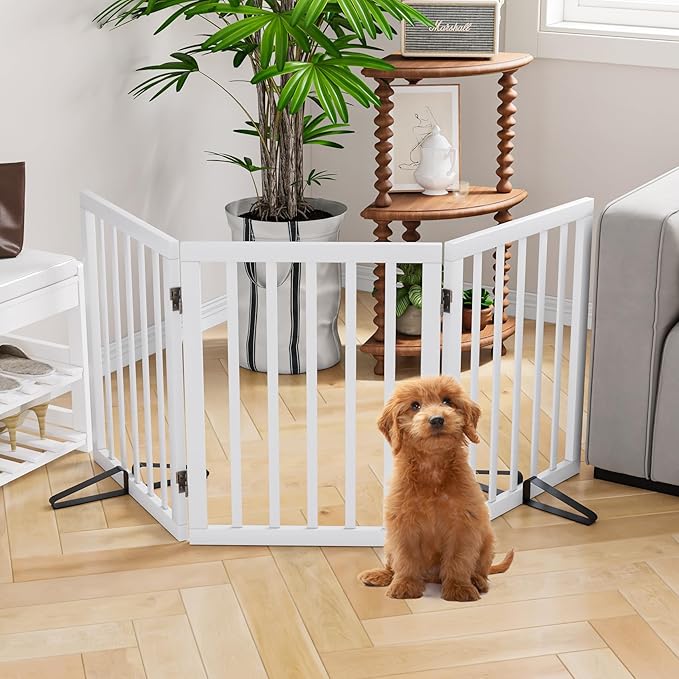 Semiocthome Bamboo Freestanding Dog Gates for Doorways,3-Panel Indoor Puppy Gates for the House with 2 Metal Stands,24"H Folding Pet Gate for Stairs Expands Up to 55"W Fully Assembled Stair Gate White